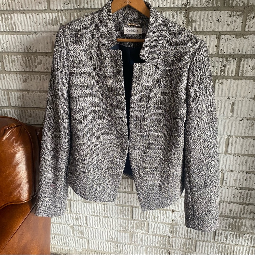 Navy Blue & Cream Tweed Jacket Calvin Klein
